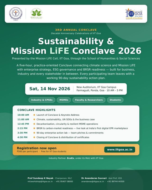 Conclave poster: Sustainability and Mission LiFE Conclave 2026, Saturday 14 November 2026, IIT Goa